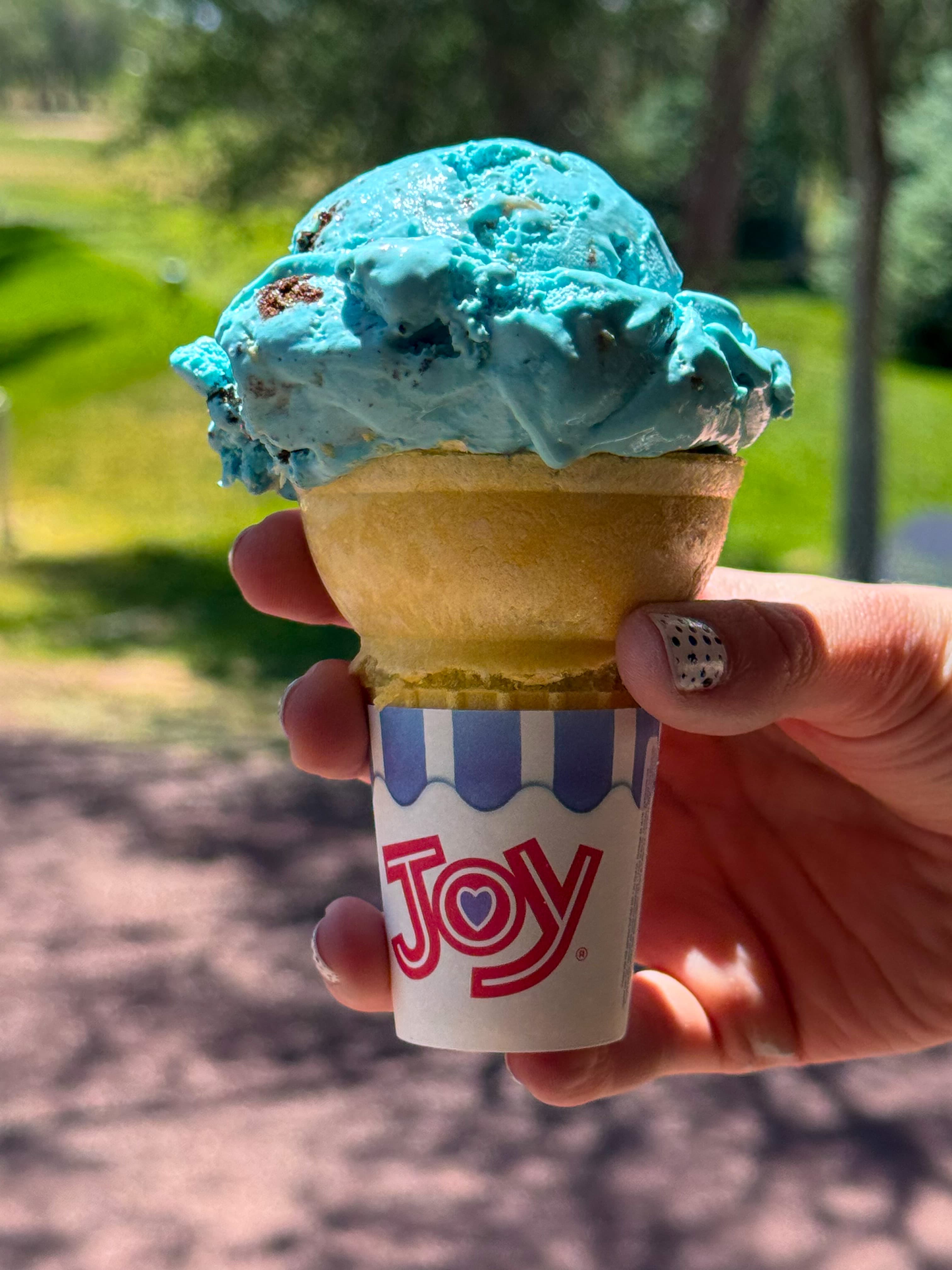 A scoop of bright blue ice cream in a cone, held outdoors at The Treehouse