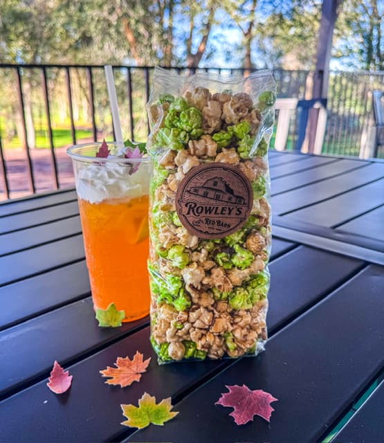 A Wired Wassail topped with whipped cream next to a bag of Rowley's Red Barn popcorn on the patio